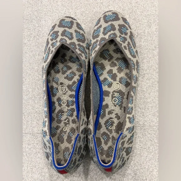 Rothy's Gray Leopard Knit Slip-On Flats with Blue Trim - Picture 1 of 6